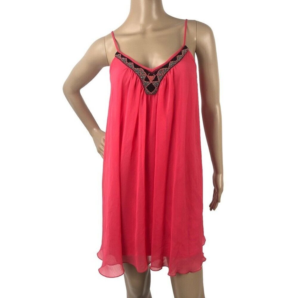 EXPRESS Embellished Beaded Mini Shift Dress Hot Pink Sleeveless A-Line V-Neck XS